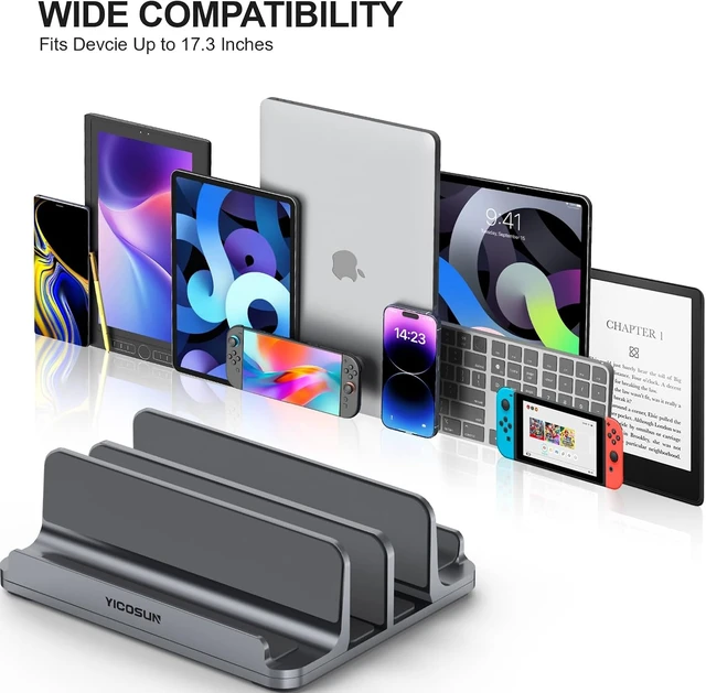 Alt view image 7 of 7 - 4-Slot Aluminum Vertical Laptop Stand for Desk - Adjustable Width Dock for MacBook Surface Samsung up to 17.3 inches - Space-Saving & Protective Design - Gray