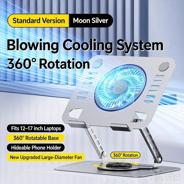 Alt view image 3 of 7 - 360°Rotatable Laptop Stand for Desk with Cooling Fan Metal Laptop Riser Fits 10-17Inch Laptops