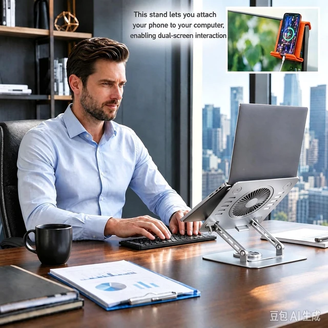 Alt view image 4 of 7 - 360°Rotatable Laptop Stand for Desk with Cooling Fan Metal Laptop Riser Fits 10-17Inch Laptops