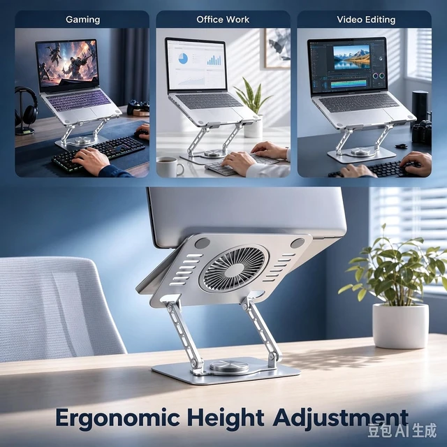 Alt view image 5 of 7 - 360°Rotatable Laptop Stand for Desk with Cooling Fan Metal Laptop Riser Fits 10-17Inch Laptops
