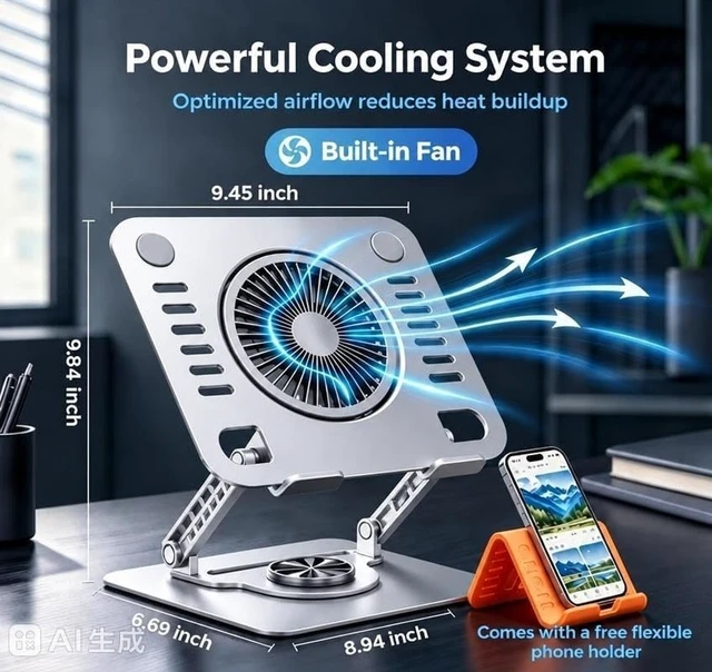 Alt view image 2 of 7 - 360°Rotatable Laptop Stand for Desk with Cooling Fan Metal Laptop Riser Fits 10-17Inch Laptops