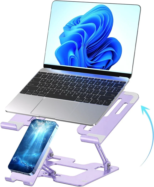 Main image of Ergonomic 2-in-1 Purple Laptop Phone Stand for Desk Adjustable Riser Sturdy and Portable Fits All Laptops and Phone (Purple)