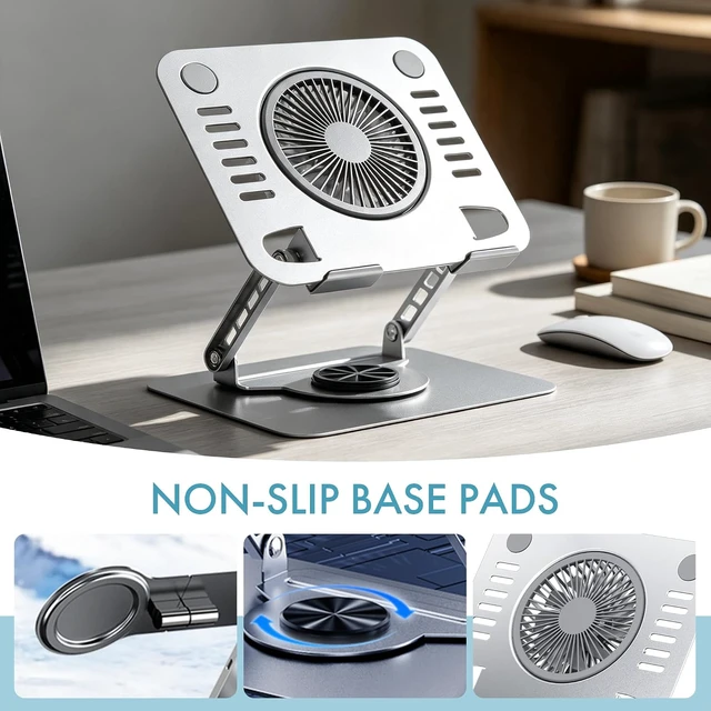 Alt view image 7 of 7 - 360°Rotatable Laptop Stand for Desk with Cooling Fan Metal Laptop Riser Fits 10-17Inch Laptops