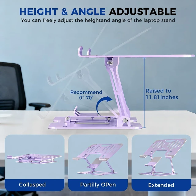 Alt view image 3 of 7 - Ergonomic 2-in-1 Purple Laptop Phone Stand for Desk Adjustable Riser Sturdy and Portable Fits All Laptops and Phone (Purple)