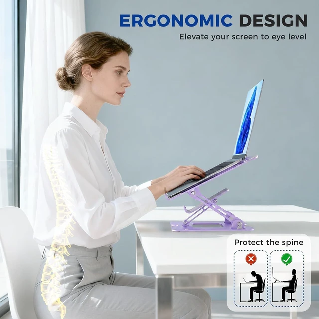 Alt view image 6 of 7 - Ergonomic 2-in-1 Purple Laptop Phone Stand for Desk Adjustable Riser Sturdy and Portable Fits All Laptops and Phone (Purple)
