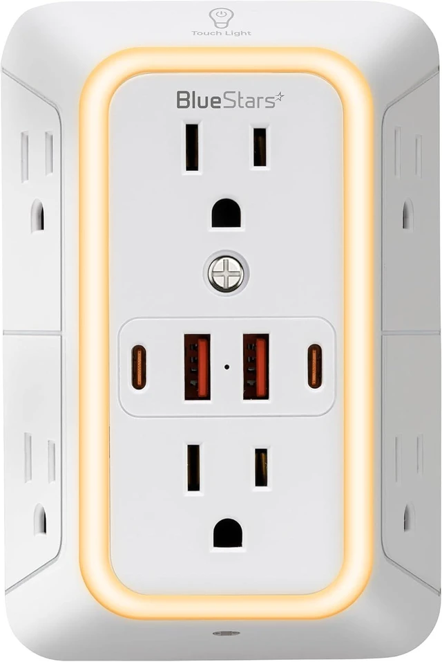 Main image of Wall Mount Power Strips Wall Charger 6 Outlet Extender 4 USB Ports (5V 2.4A 12W) and Night Light 3-Sided Power Strip with Adapter Spaced Outlets - Multi Plug Outlet Surge Protector ETL Listed