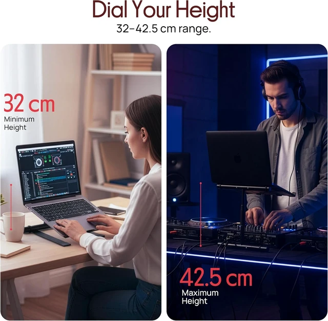Alt view image 6 of 7 - Portable Folding Laptop Stand - Standing Table with Adjustable Angle Foldable Height and Four Prong Anti-Slip Tray for iPad Tablet DJ Mixer Workstation Gaming and Home Use - PLPTS55
