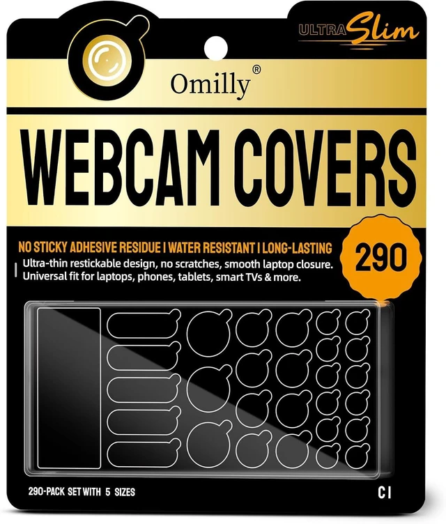 Main image of Webcam Covers 290 Pack 10 Sheets Ultra Slim Black Matte Vinyl Reusable Camera Privacy Stickers 5 Multi Sizes Residue-Free Webcam Blocker for Laptop Phone Tablet Smart TV