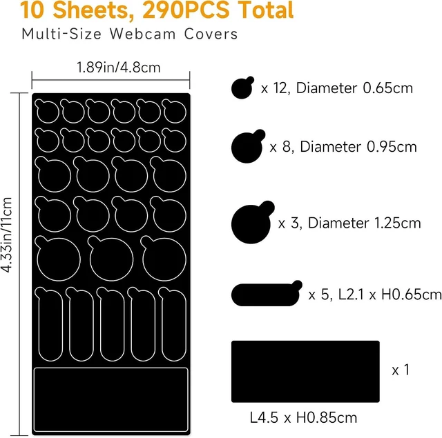 Alt view image 5 of 7 - Webcam Covers 290 Pack 10 Sheets Ultra Slim Black Matte Vinyl Reusable Camera Privacy Stickers 5 Multi Sizes Residue-Free Webcam Blocker for Laptop Phone Tablet Smart TV
