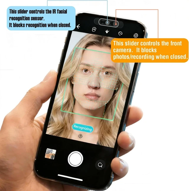 Alt view image 3 of 7 - Front Camera Privacy Cover Transparent Material & Perfect Phone Fit Compatible with iPhone 17/16/15/14 Pro Max/Pro Face Recognition On/Off Adhesive Lens Protector Black 2 Pack