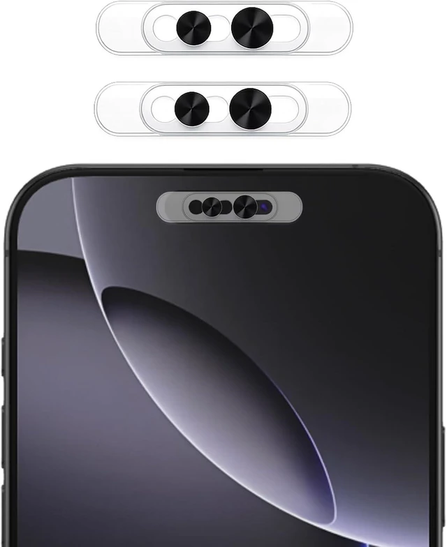 Main image of Front Camera Privacy Cover Clear Transparent Adhesive Camera Lens Protector Compatible with iPhone 17/16/15/14 Pro/Pro Max Support Normal Face ID Recognition Smooth Slide Webcam Blocker Black 2 Pack