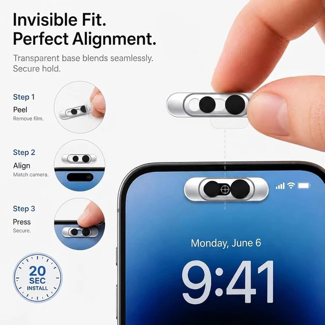 Alt view image 2 of 6 - Front Camera Privacy Cover Clear Transparent Adhesive Camera Lens Protector Compatible with iPhone 17/16/15/14 Pro/Pro Max Support Normal Face ID Recognition Smooth Slide Webcam Blocker Black 2 Pack