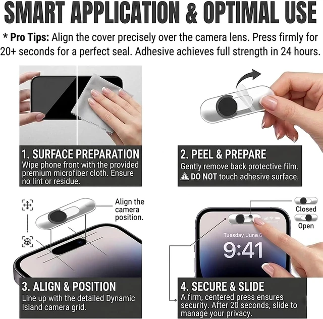Alt view image 6 of 6 - Front Camera Privacy Cover Clear Transparent Adhesive Camera Lens Protector Compatible with iPhone 17/16/15/14 Pro/Pro Max Support Normal Face ID Recognition Smooth Slide Webcam Blocker Black 2 Pack