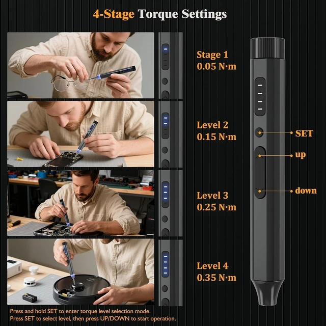 Alt view image 3 of 7 - 67 in 1 Cordless Electric Precision Screwdriver Set 62 Industrial S2 Steel Bits 4 Adjustable Torque (0.05-0.35 NM) Magnetic Case LED Lights for Electronics Phone Laptop Camera