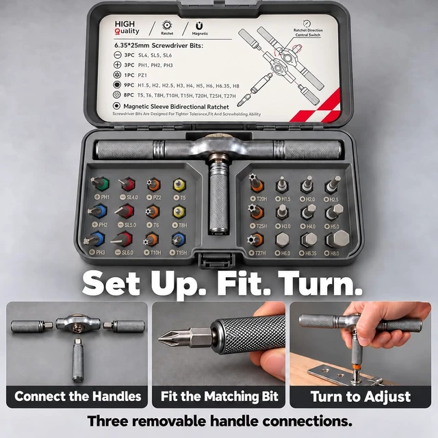 Alt view image 2 of 7 - Toolsons Multi Tool Set Toolsons T Handle Ratchet Screwdriver