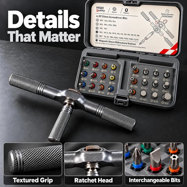 Alt view image 7 of 7 - Toolsons Multi Tool Set Toolsons T Handle Ratchet Screwdriver