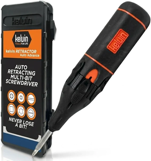 Main image of Kelvin Tools Retractor Auto Advance - Automatic Multi-Tool Screwdriver All-in-One Autoloader 6-in-1 Multi-Bit Set Versatile Hand Tools (Black/Orange)