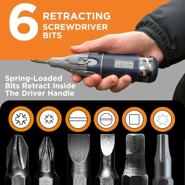 Alt view image 4 of 5 - Kelvin Tools Retractor Auto Advance - Automatic Multi-Tool Screwdriver All-in-One Autoloader 6-in-1 Multi-Bit Set Versatile Hand Tools (Black/Orange)
