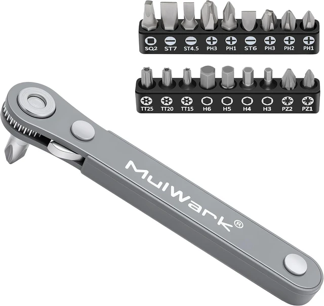 Main image of 20pc 1/4 Ultra Low Profile Mini Ratchet Wrench Close Quarters Screwdriver Set with High Torque - Right Angle EDC Tool with 90 Degree Mini Offset Reversible Drive Handle & Multi Hex Bits Set