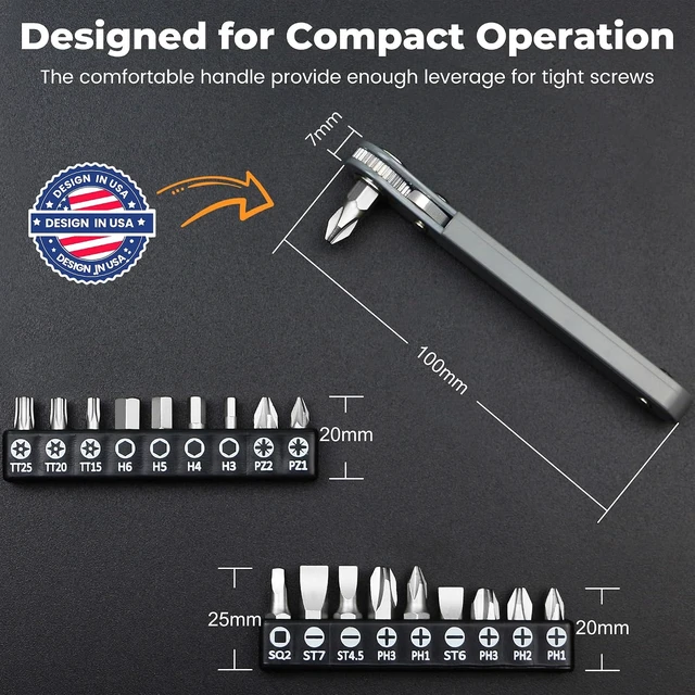 Alt view image 2 of 7 - 20pc 1/4 Ultra Low Profile Mini Ratchet Wrench Close Quarters Screwdriver Set with High Torque - Right Angle EDC Tool with 90 Degree Mini Offset Reversible Drive Handle & Multi Hex Bits Set