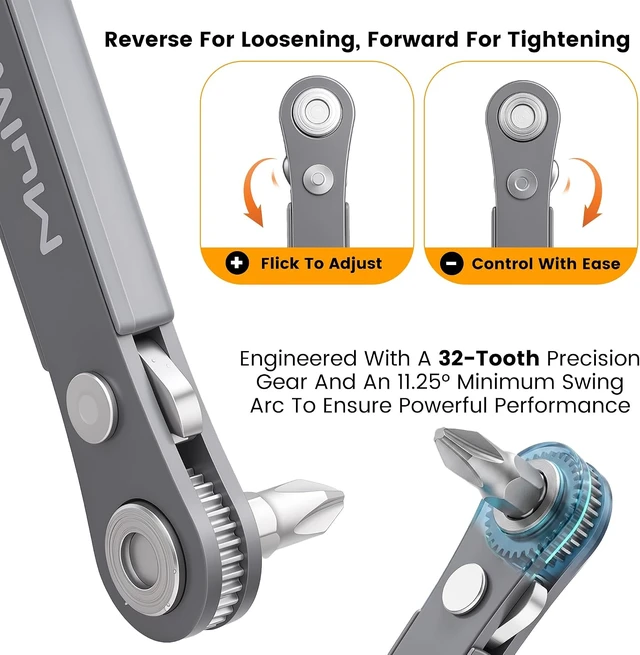 Alt view image 3 of 7 - 20pc 1/4 Ultra Low Profile Mini Ratchet Wrench Close Quarters Screwdriver Set with High Torque - Right Angle EDC Tool with 90 Degree Mini Offset Reversible Drive Handle & Multi Hex Bits Set