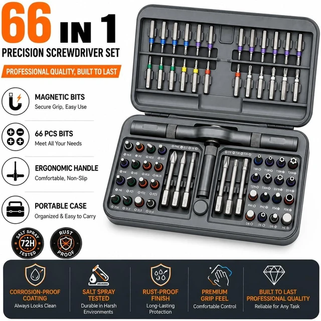 Alt view image 2 of 7 - 66 in 1 Magnetic Ratcheting Screwdriver Set with Detachable Handle