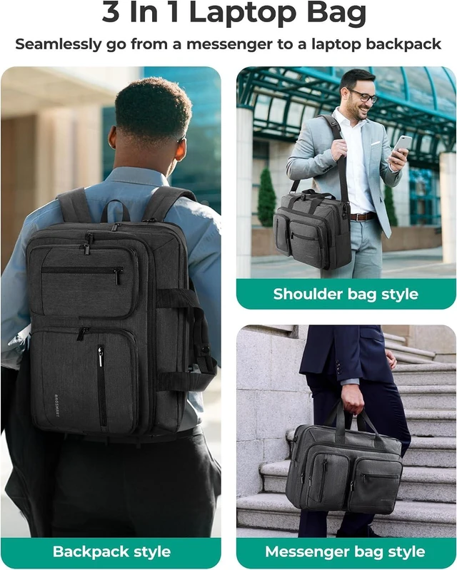 Alt view image 2 of 6 - 3 In 1 Laptop Bag for Men Computer Briefcase 17.3 Inch Laptop Water-Repellent Shoulder Bag Computer Bag Business Travel Office Black