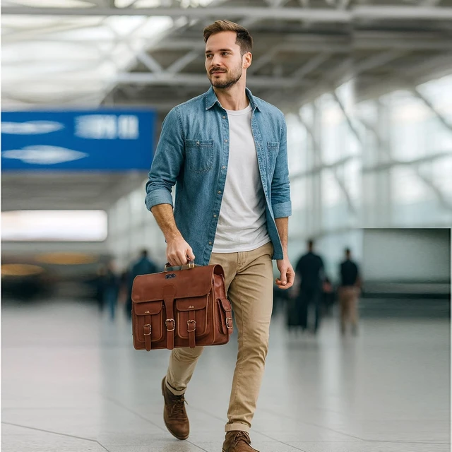 Alt view image 2 of 7 - 18 Inch Buffalo Leather Laptop Briefcase for Men Vintage Handmade Leather Messenger Bag for Work Travel & Business Rustic Brown Full Grain Best Computer Satchel School distressed Bag