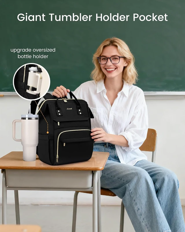 Alt view image 2 of 7 - Laptop Backpack for Women with Giant Tumbler Holder Pocket 15.6 inch Waterproof Travel Backpack Purse Computer Laptop Bag Professional Work College Nurse Teacher Backpack Casual Daypack Black
