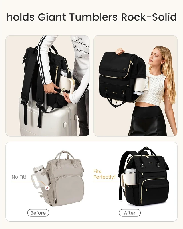 Alt view image 3 of 7 - Laptop Backpack for Women with Giant Tumbler Holder Pocket 15.6 inch Waterproof Travel Backpack Purse Computer Laptop Bag Professional Work College Nurse Teacher Backpack Casual Daypack Black