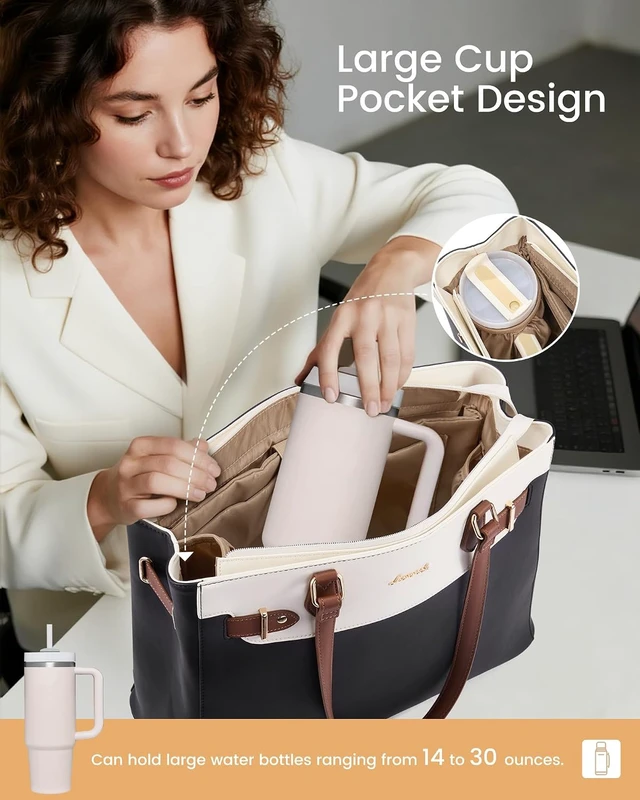 Alt view image 3 of 6 - Laptop Tote Bag for Women Work Teacher Tote Bag with Large Cup Holder Waterproof Leather Computer Bag