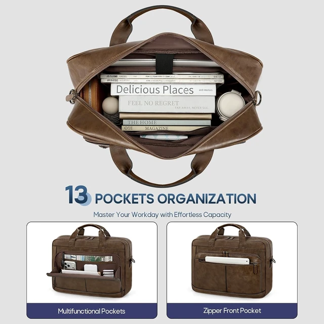 Alt view image 3 of 6 - Messenger Bag For Men 16 Inch Laptop Bag Waterproof PU Leather Briefcase Large Capacity Vintage Satchel Computer for Office Work Business Travel Brown