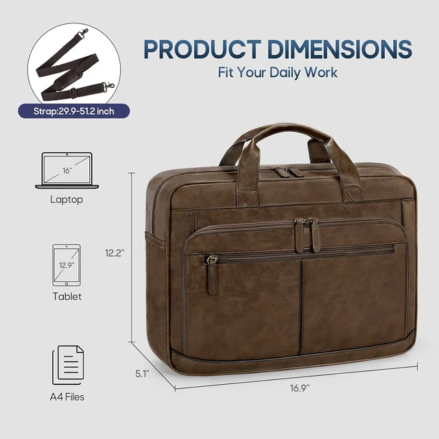 Alt view image 4 of 6 - Messenger Bag For Men 16 Inch Laptop Bag Waterproof PU Leather Briefcase Large Capacity Vintage Satchel Computer for Office Work Business Travel Brown
