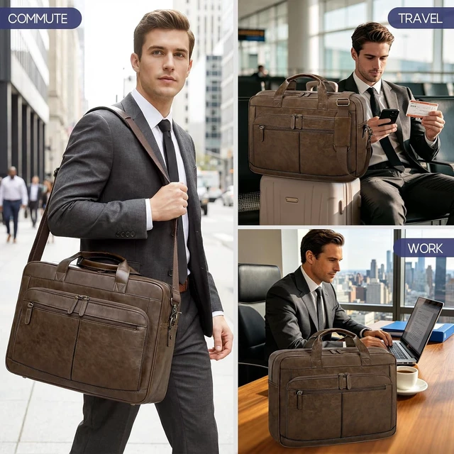 Alt view image 6 of 6 - Messenger Bag For Men 16 Inch Laptop Bag Waterproof PU Leather Briefcase Large Capacity Vintage Satchel Computer for Office Work Business Travel Brown