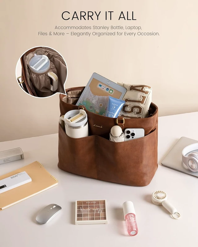 Alt view image 3 of 6 - Work Tote Bags for Women Vintage Leather 15.6 Inch Laptop Bag with Large Cup Holder Teacher Nurse Medical Professional Computer Bag Office Briefcase Handbag Gift