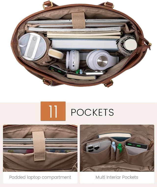 Alt view image 4 of 6 - Work Tote Bags for Women Vintage Leather 15.6 Inch Laptop Bag with Large Cup Holder Teacher Nurse Medical Professional Computer Bag Office Briefcase Handbag Gift