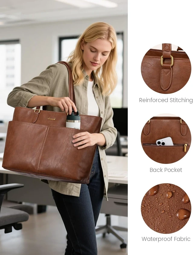 Alt view image 6 of 6 - Work Tote Bags for Women Vintage Leather 15.6 Inch Laptop Bag with Large Cup Holder Teacher Nurse Medical Professional Computer Bag Office Briefcase Handbag Gift