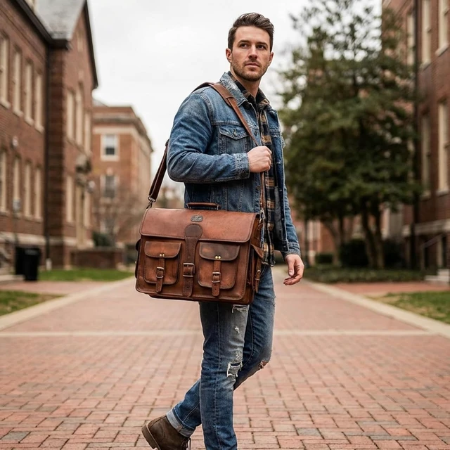 Alt view image 2 of 7 - Leather Messenger Bag for Men 18 Inch Laptop Crossbody Handmade Leather Shoulder Satchel Bag for Men Full Grain Business Briefcase for Office/Work/Travel - Vintage Brown