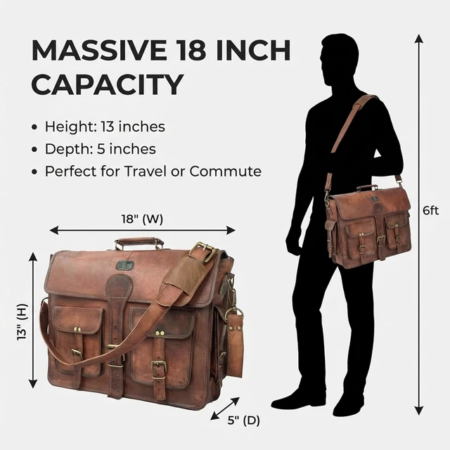 Alt view image 4 of 7 - Leather Messenger Bag for Men 18 Inch Laptop Crossbody Handmade Leather Shoulder Satchel Bag for Men Full Grain Business Briefcase for Office/Work/Travel - Vintage Brown