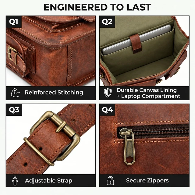 Alt view image 5 of 7 - Leather Messenger Bag for Men 18 Inch Laptop Crossbody Handmade Leather Shoulder Satchel Bag for Men Full Grain Business Briefcase for Office/Work/Travel - Vintage Brown