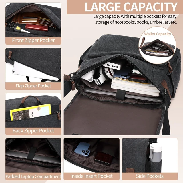 Alt view image 4 of 7 - Nerlion Messenger Bag for Men 17-17.3 Inch Laptop Bag Canvas Water-resistant Computer Bag Shoulder Bag Work Briefcase Bookbag for College (Dark Gray)