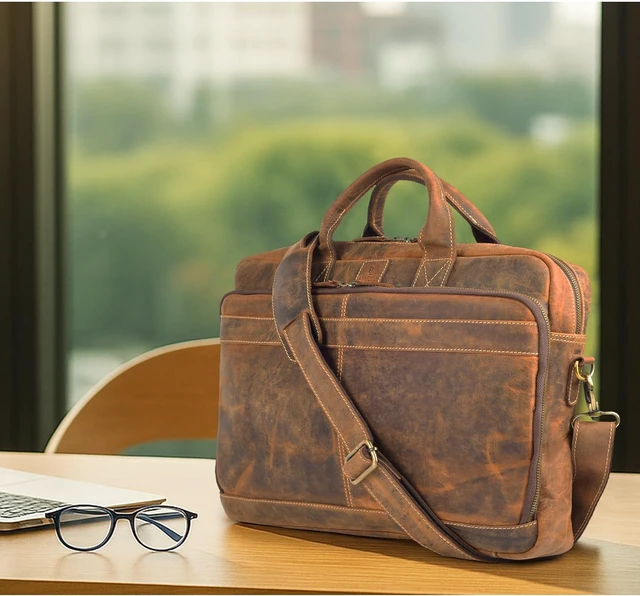 Alt view image 2 of 6 - Full Grain Leather Messenger Bag for Men 16 Briefcase Laptop Satchel Vintage Professional Office Work & Travel Bag