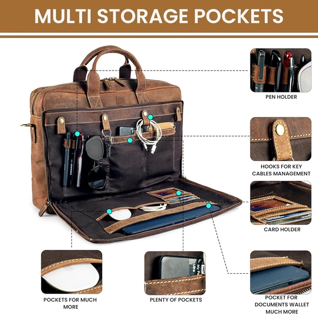 Alt view image 3 of 6 - Full Grain Leather Messenger Bag for Men 16 Briefcase Laptop Satchel Vintage Professional Office Work & Travel Bag