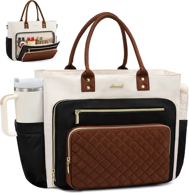 Main image of Teacher Tote Bag for Women Work Laptop Bag With Large Cup Holder Nurse Bags Professional Briefcase Business Computer Purses Bible Handbag Gifts Black-Beige-Brown 15.6 Inch