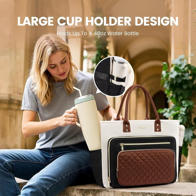 Alt view image 2 of 7 - Teacher Tote Bag for Women Work Laptop Bag With Large Cup Holder Nurse Bags Professional Briefcase Business Computer Purses Bible Handbag Gifts Black-Beige-Brown 15.6 Inch