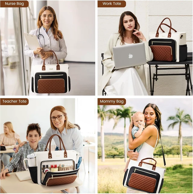 Alt view image 6 of 7 - Teacher Tote Bag for Women Work Laptop Bag With Large Cup Holder Nurse Bags Professional Briefcase Business Computer Purses Bible Handbag Gifts Black-Beige-Brown 15.6 Inch