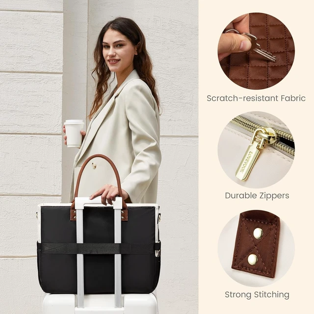 Alt view image 5 of 7 - Teacher Tote Bag for Women Work Laptop Bag With Large Cup Holder Nurse Bags Professional Briefcase Business Computer Purses Bible Handbag Gifts Black-Beige-Brown 15.6 Inch