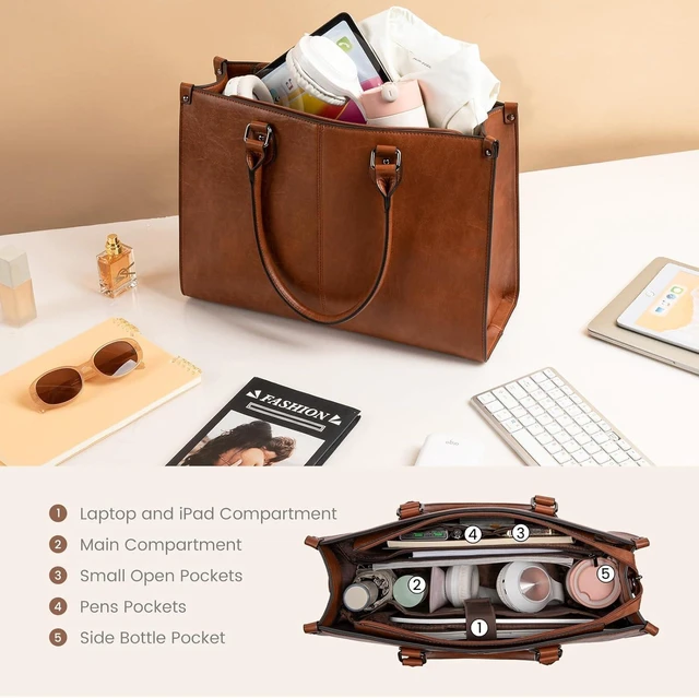 Alt view image 4 of 7 - Laptop Tote Bag for Women 15.6 Inch Professional Work Bag with Matching Clutch Waterproof Vintage Leather Computer Tote for Office Business Travel & Daily Use Gift for Women