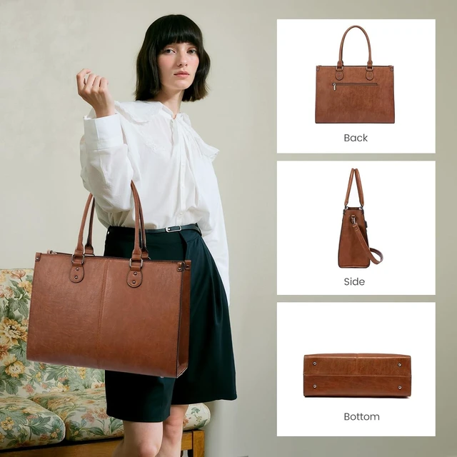 Alt view image 7 of 7 - Laptop Tote Bag for Women 15.6 Inch Professional Work Bag with Matching Clutch Waterproof Vintage Leather Computer Tote for Office Business Travel & Daily Use Gift for Women