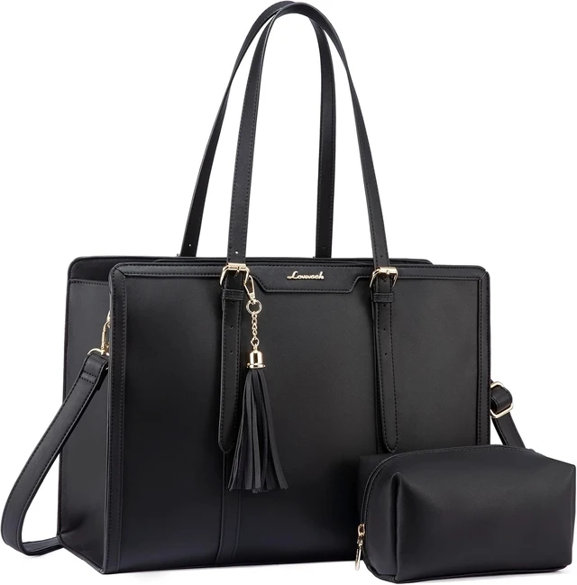 Main image of Laptop Bag for Women 15.6 inch Lightweight PU Laptop Tote Bag Large Capacity Computer bag with Clutch Purse for Business Work Office Travel School Casual(Black & Leather)
